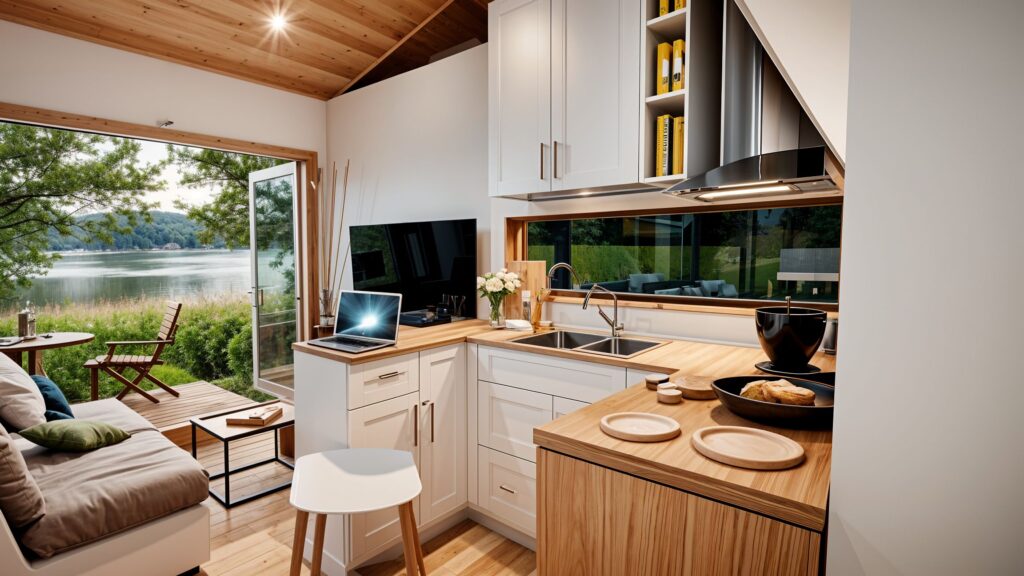 Interieur van een duurzaam tiny house met houten afwerking en compacte inrichting