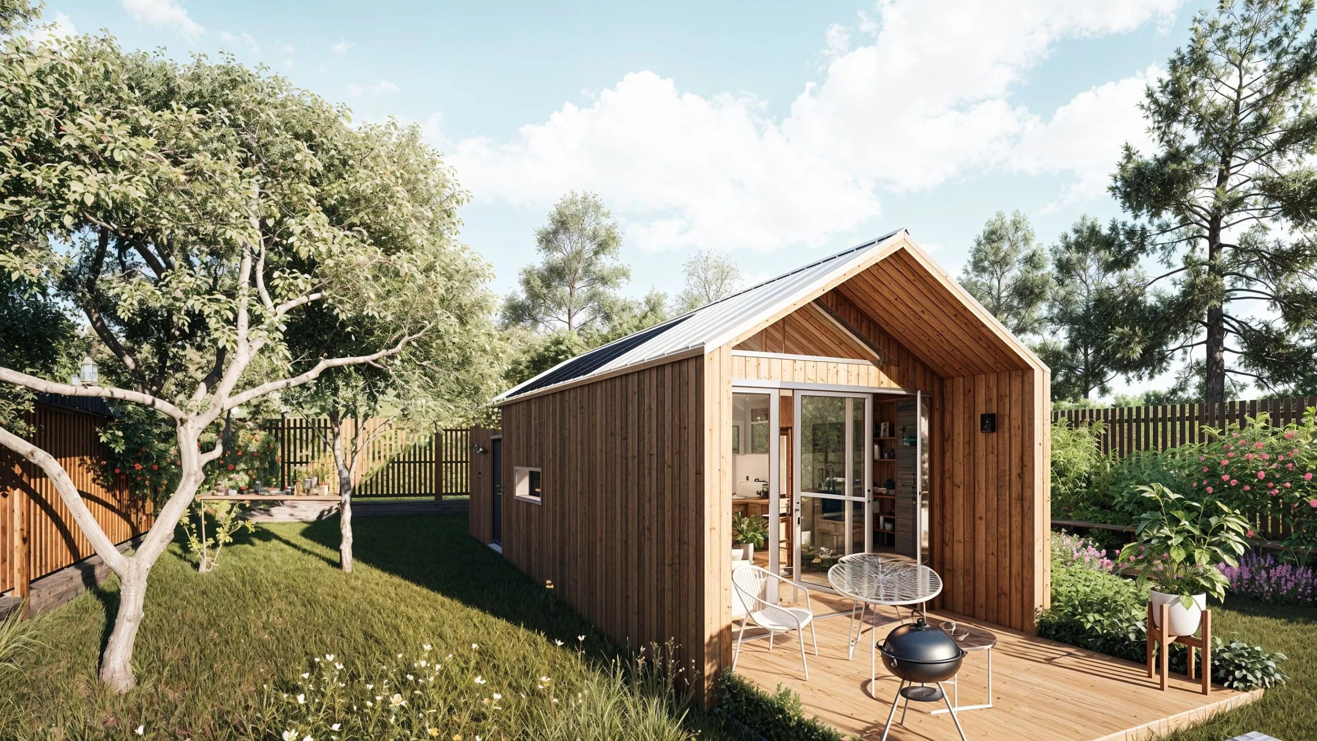 Tiny house met houten gevel en terras in een achtertuin