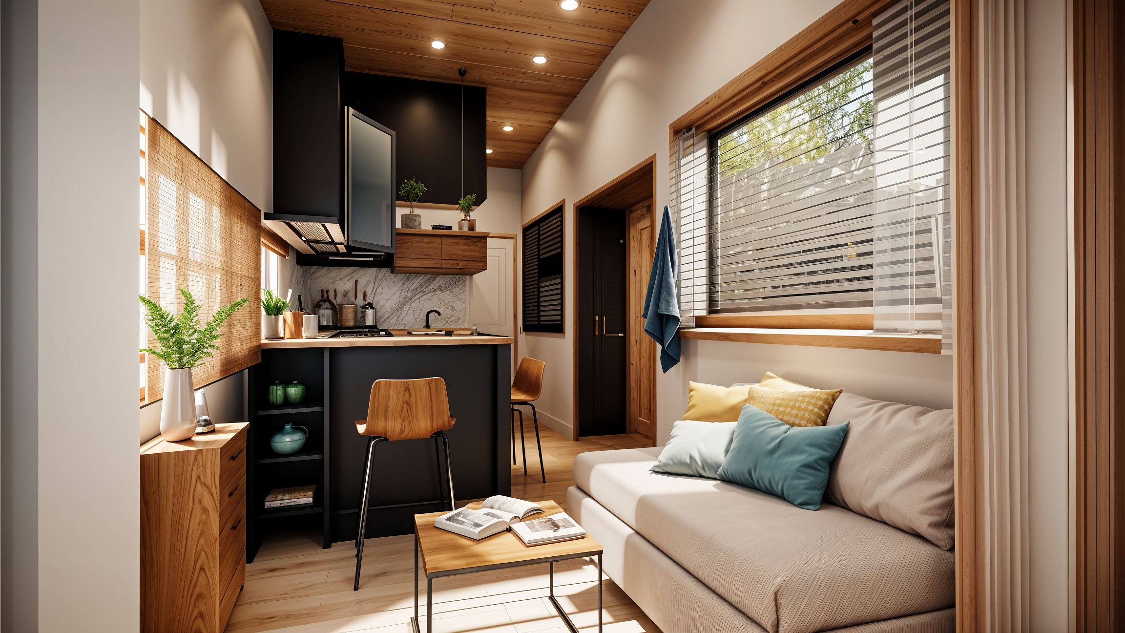 Interieur van een tiny house met keuken, zithoek en houten plafond