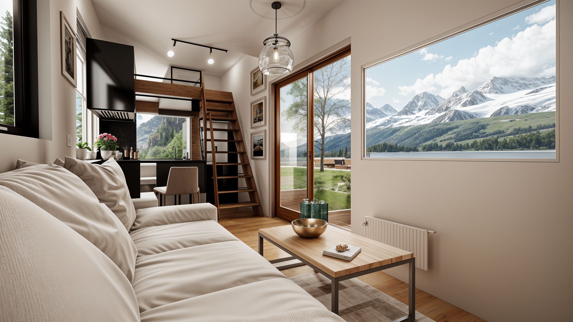 Woonkamer van een tiny house met vlieringtrap en uitzicht op de bergen