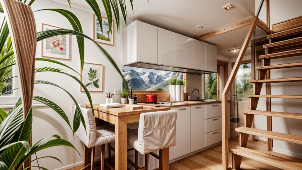 Keuken en eethoek in een tiny house met trap naar de vliering